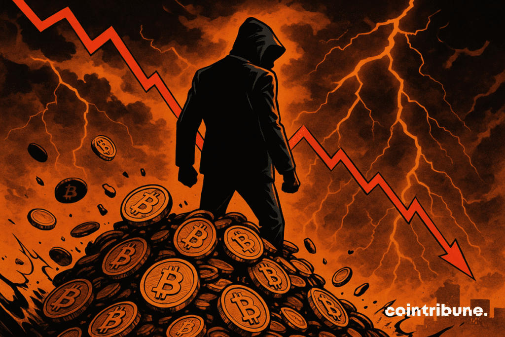 Hooded silhouette dominating a mountain of bitcoins, orange stormy sky, lightning and red curve symbolizing the dramatic fall.