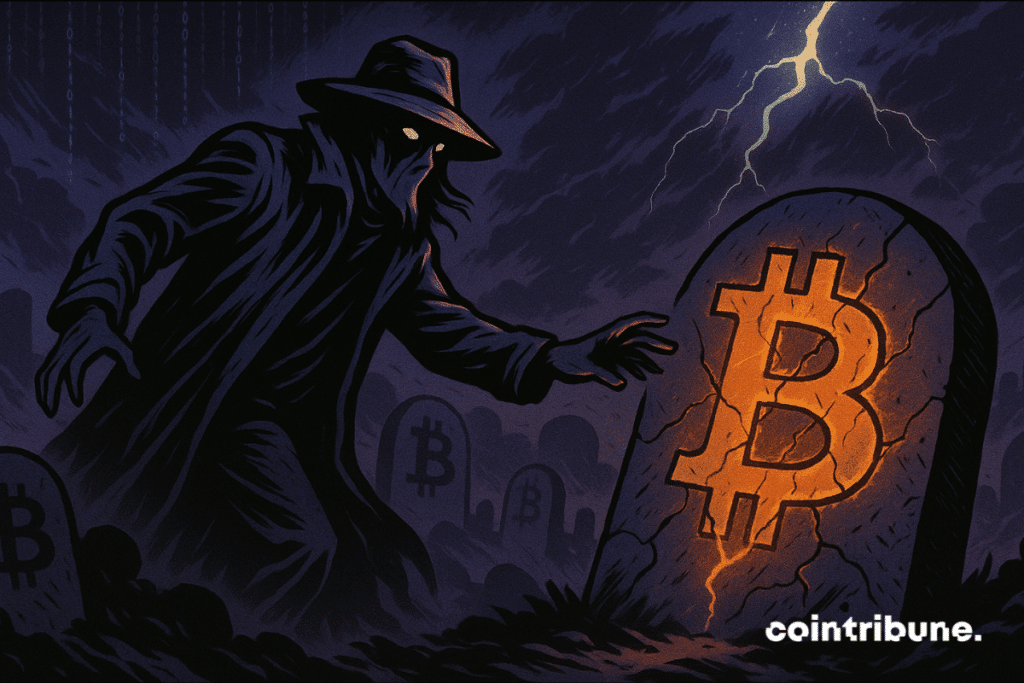 A mysterious figure in a cemetery reaches out to a glowing Bitcoin headstone amid lightning.