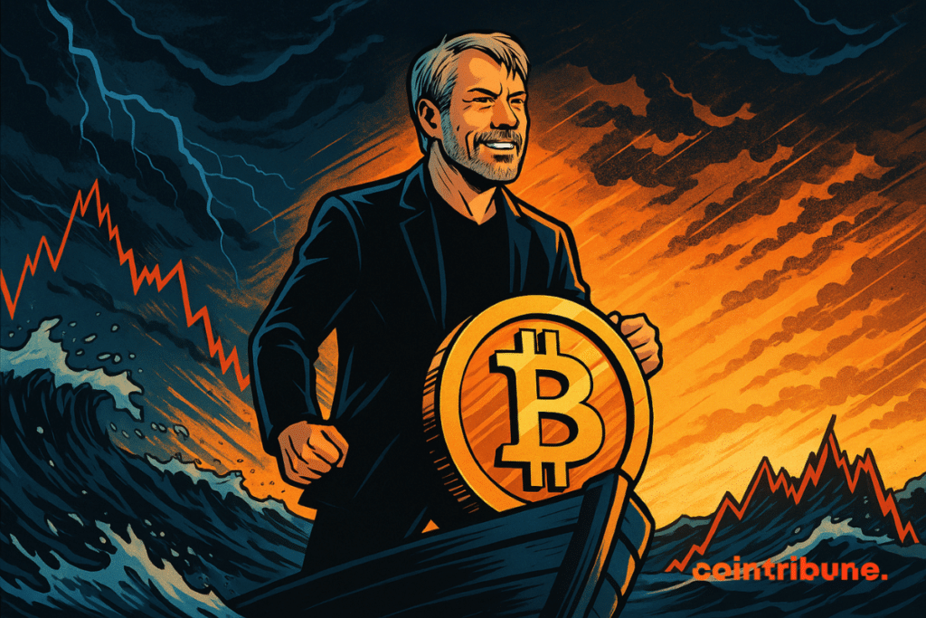 Determined Michael Saylor steers a Bitcoin ship through a financial storm, lit by a dramatic orange horizon.