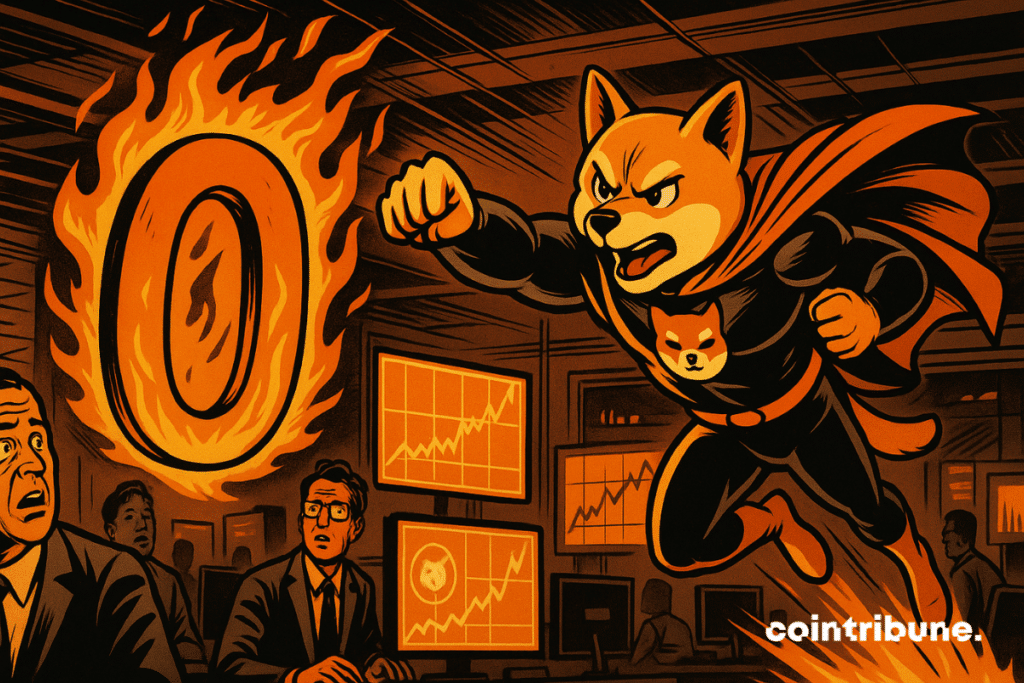 A superhero Shiba Inu rushes towards a burning zero, under the stunned gazes of traders in a tense room.
