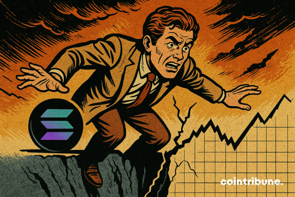 A panicked trader tries to keep his balance on a chart fault, symbol of an imminent Solana crash.