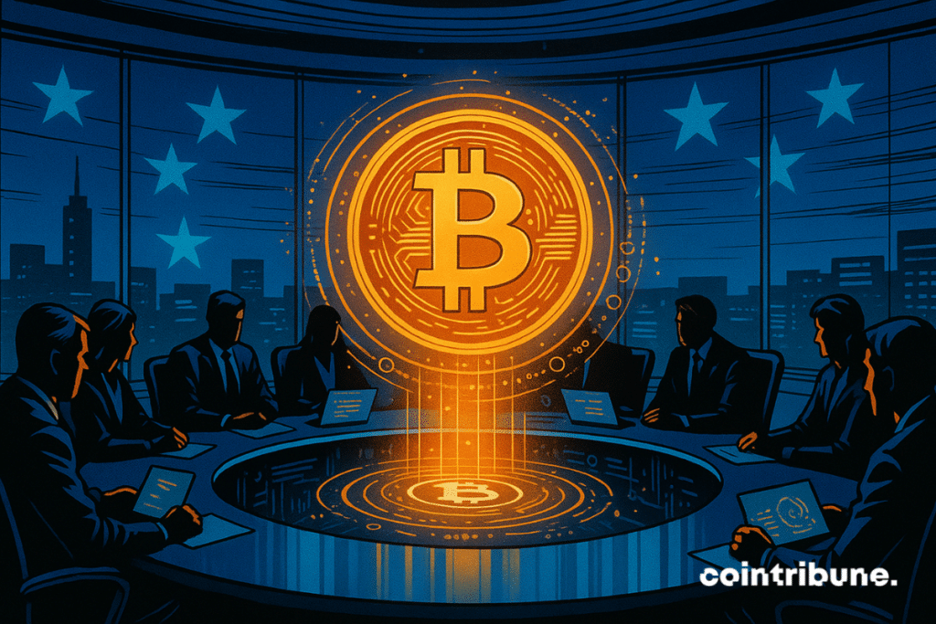 Silhouettes of political decision -makers are gathered around a round table, scrutinizing a holographic projection of the Bitcoin logo, against a background of starred flags evoking the European Union.