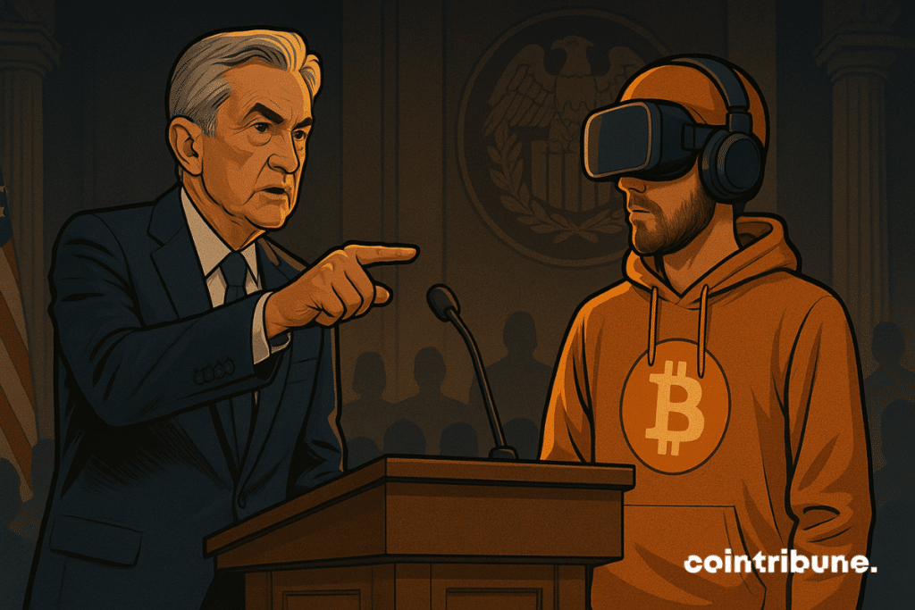 A Fed diplomat extends his hand to a crypto figure in orange, around them, voltage, symbols and logos.