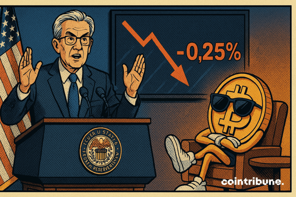 A solemn banker announces a drop, while crypto, casually armchair, shrugs off the impact with ironic indifference.