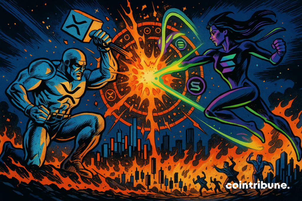 XRP and Solana personified as superheroes are in a cosmic duel on the CME.