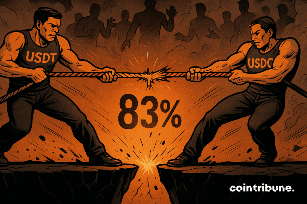 Comic-tetyle tug-of-war between stablecoins usdt and usdc over Fraying Roped 