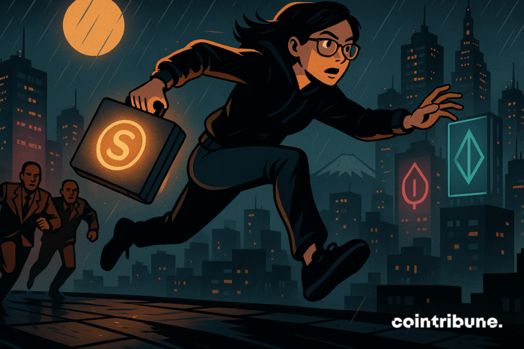 Chase across the Tokyo skyline as a coder runs away with a glowing stablecoin case in the rain.