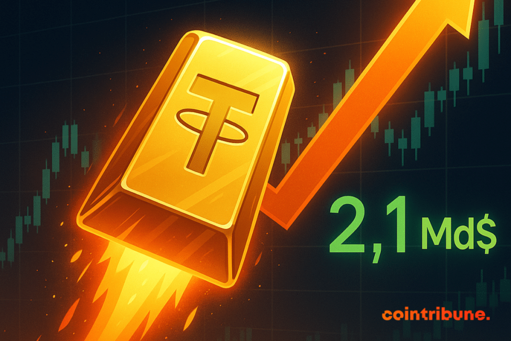 Tether gold bar propelled upwards with orange arrow and graph, indicating $2.1 billion.