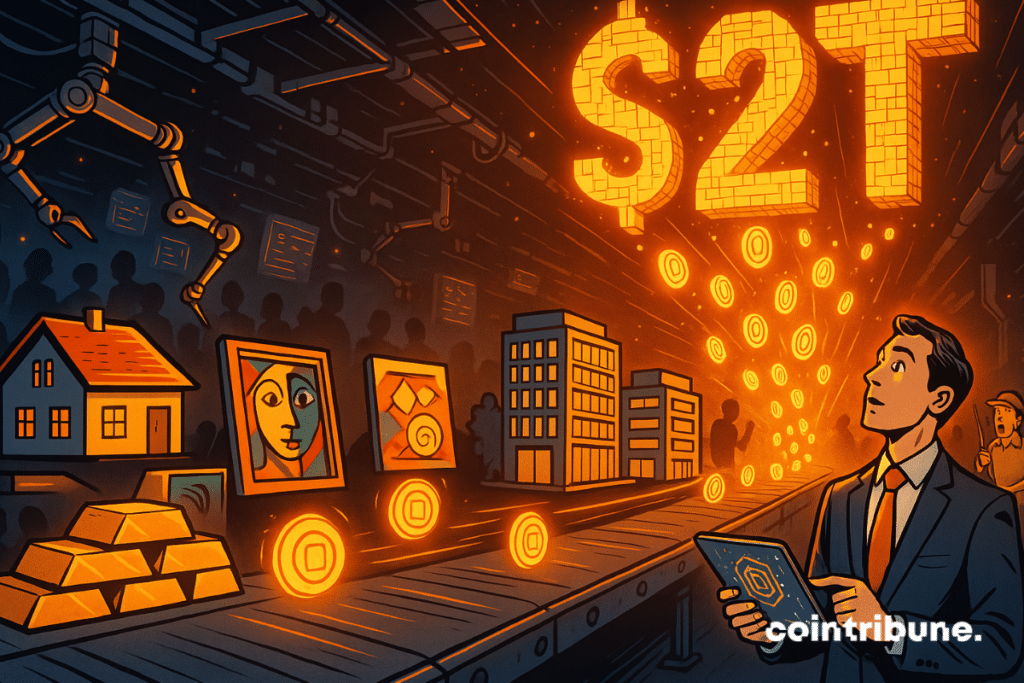 An investor watches the tokenization of real assets on a futuristic conveyor belt glowing orange.