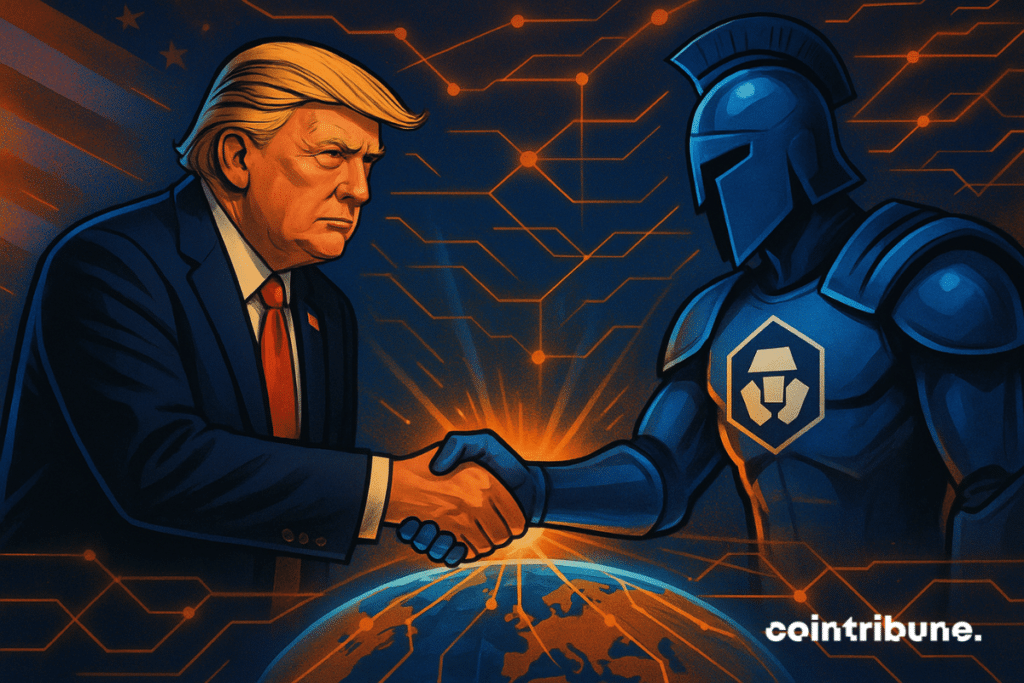 Donald Trump shakes hands with a futuristic Gladiator from Crypto.com atop a glowing digital globe surrounded by orange and blue network lines.