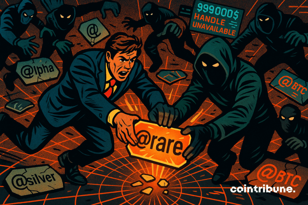 A frenzied crowd of silhouettes (traders, hackers, crypto avatars) is plunged into a fierce struggle to grab “@handles” plates that have fallen to the ground. A “@rare” (or “@X”) light plate sits in the center of the stage, on the ground, slightly shattered, but shiny.