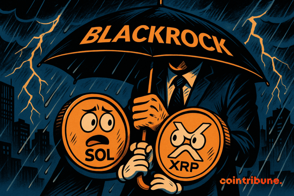 Two cryptocurrencies, Solana and XRP, scared under a large BlackRock umbrella, face an urban storm illuminated by orange lightning.