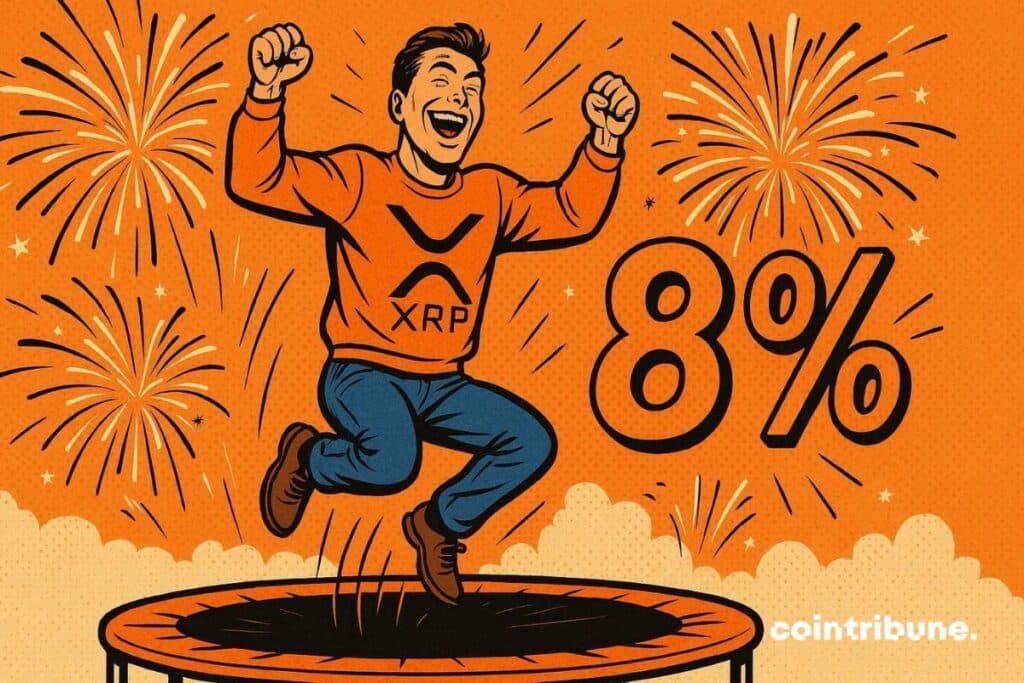 XRP bouncing 8% on a trampoline after the crypto crash caused by Trump's tariffs.