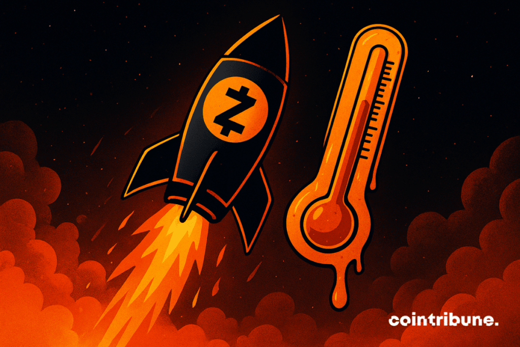 A black rocket sporting the ZCASH logo (ZEC) sets off in an orange fiery sky, next to a thermometer melting.