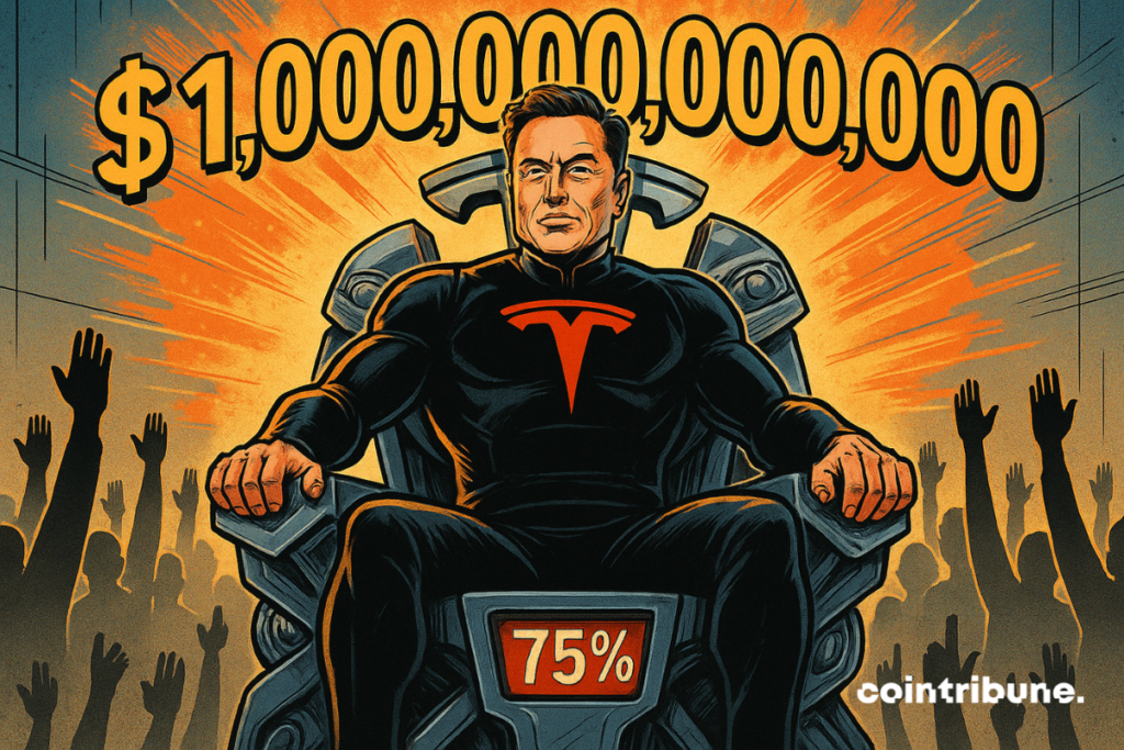 Elon Musk sits proudly, in a dark suit, on a futuristic Tesla seat, surrounded by raised hands and bursts of orange.