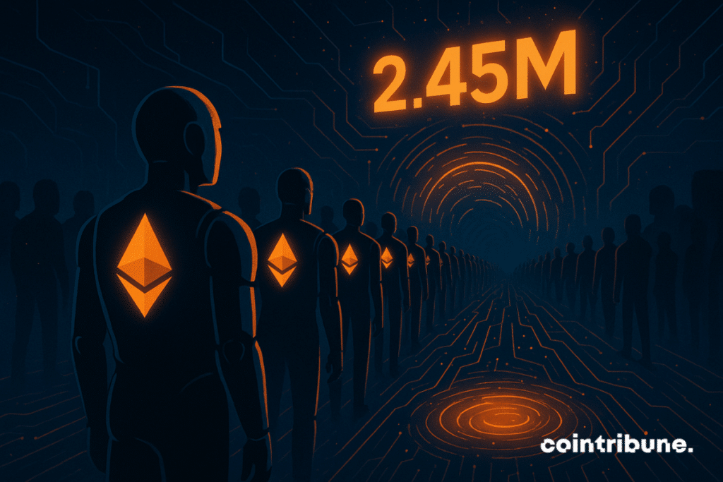 A long line of humanoid Ethereum validators sporting glowing orange Ethereum symbols waits in front of a glowing portal reading “2.45 million” in a dark digital tunnel.