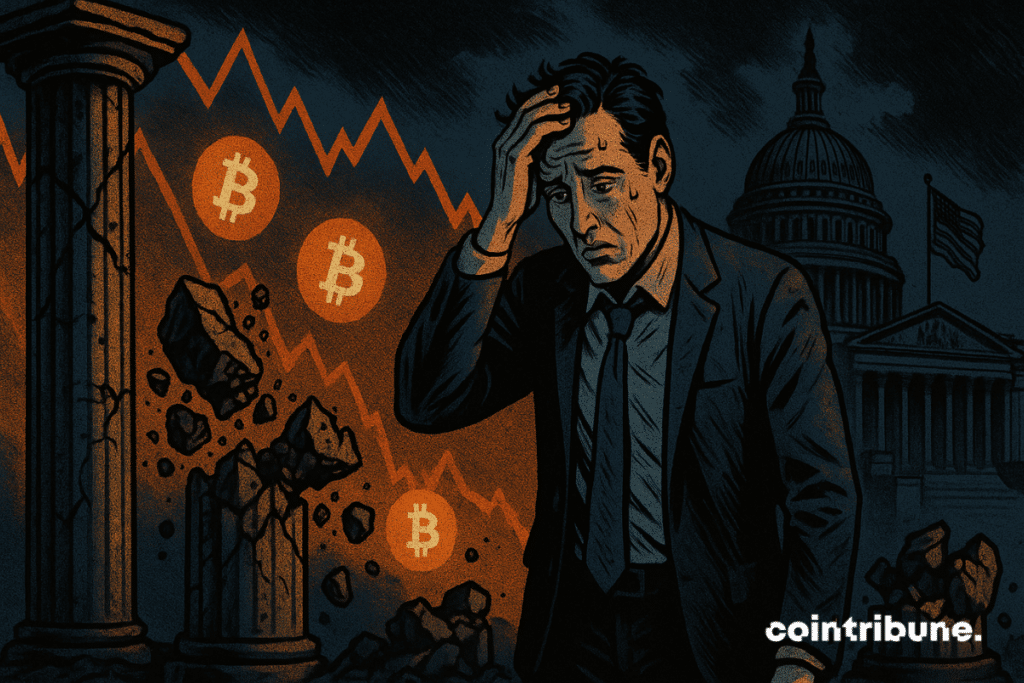 A man panicking in front of broken columns, the dark Capitol, and Bitcoin falling in an apocalyptic setting.