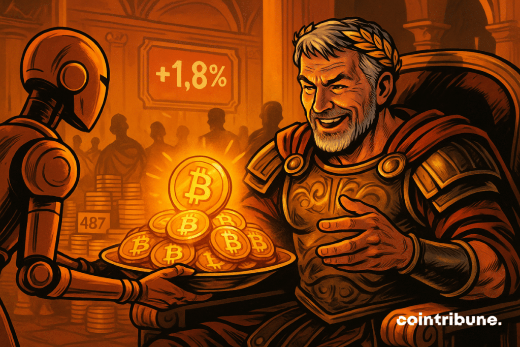 A smiling emperor receives a tray of bitcoins from a robot, surrounded by intense oranges and a crowd in the background.