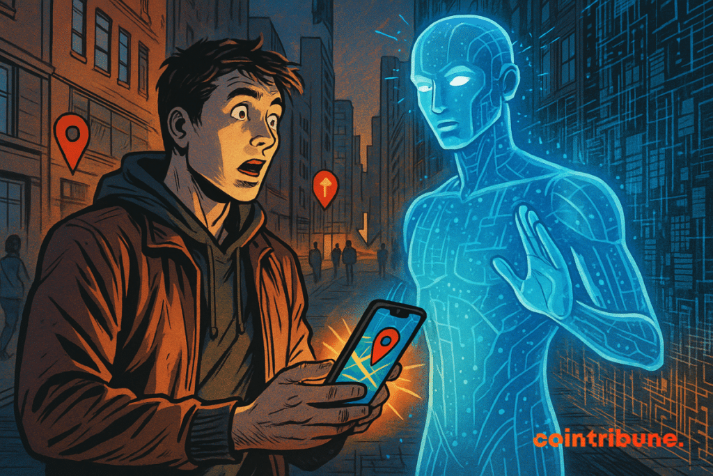 A stunned young man sees a blue holographic AI coming out of his phone, in the middle of a busy street.