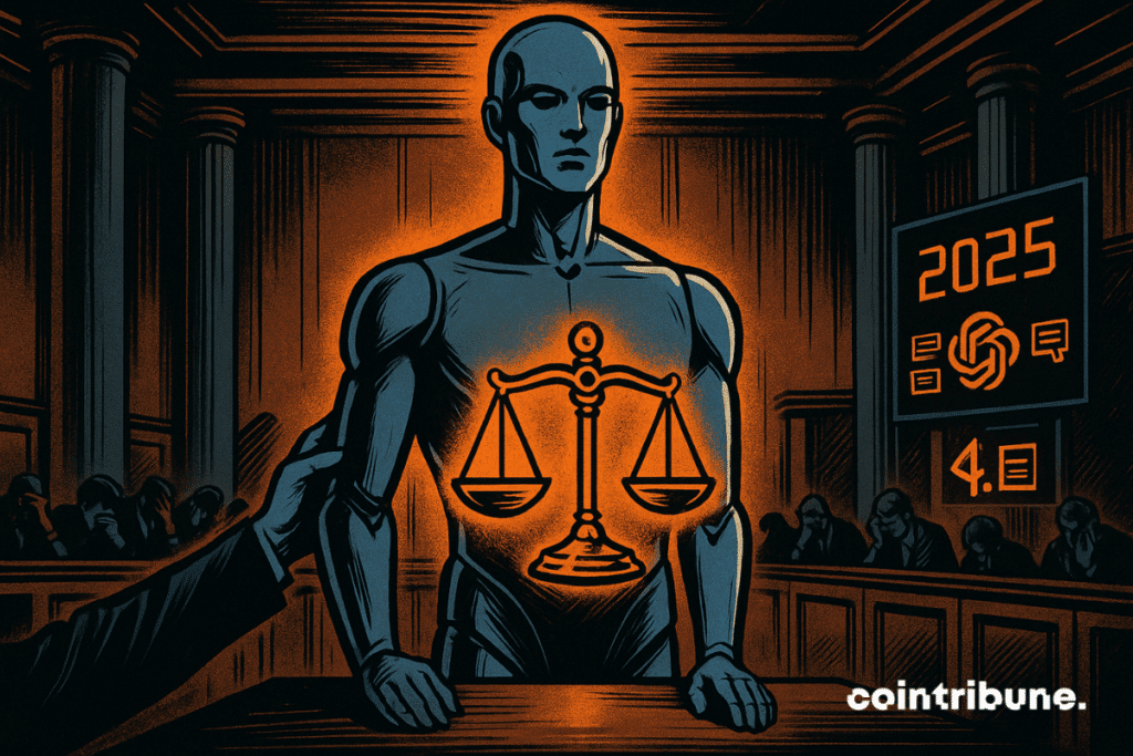 A humanoid AI representing OpenAI's GPT-4o is standing in a futuristic dock.