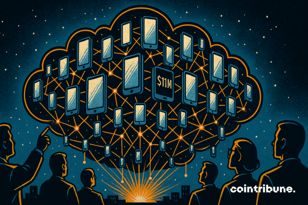 A giant cloud made up of hundreds of connected smartphones, which symbolizes the revolutionary project of transforming smartphones into a decentralized cloud by Acurast. Investors or tech engineers are observing the phenomenon.