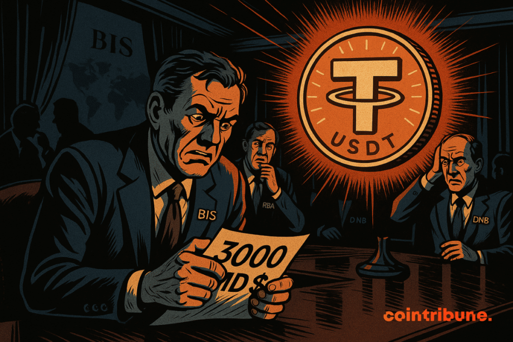 A tense committee observes a glowing USDT hologram; a man squeezes a report