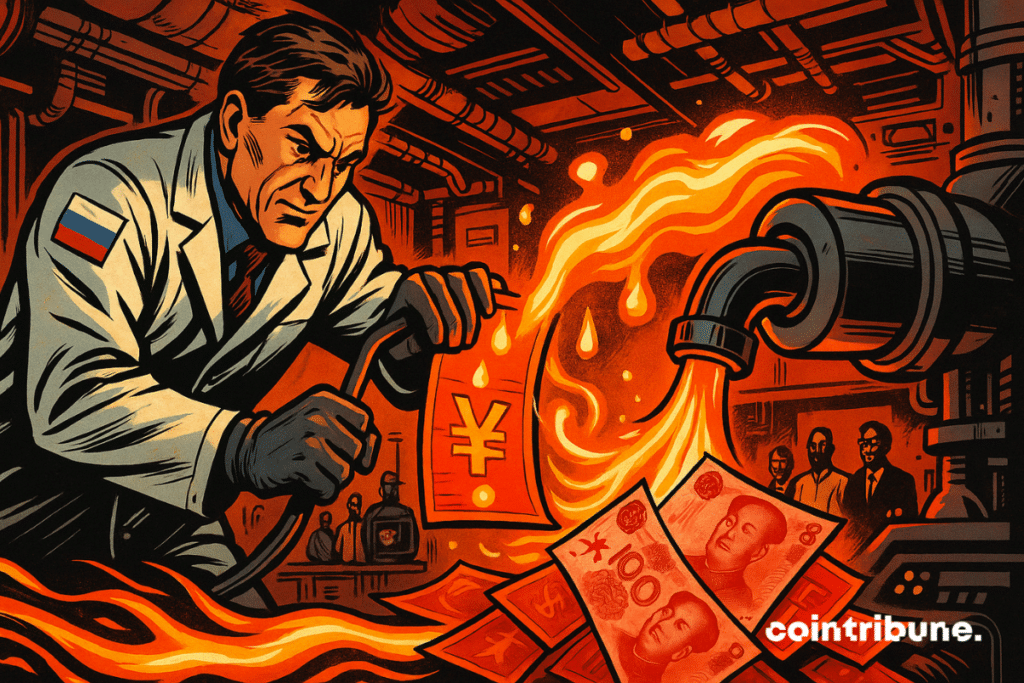 A scientist from Russia operates a machine that visually converts gas/oil into yuan notes at a BRICS laboratory.