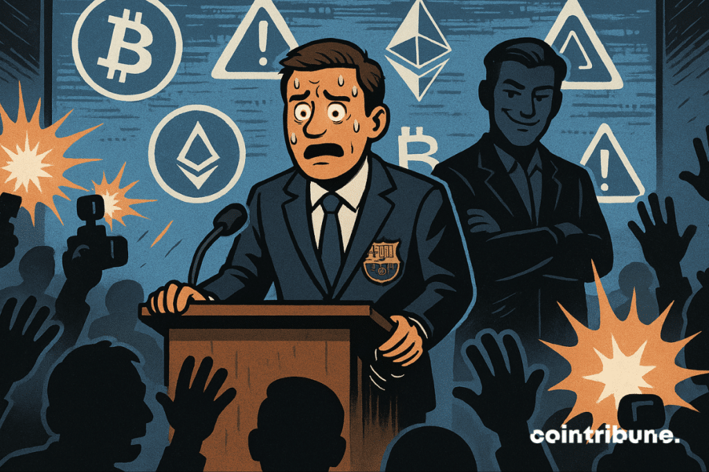 The FC Barcelona spokesperson, sweating, speaks at the podium; crypto chaos erupts at press conference.