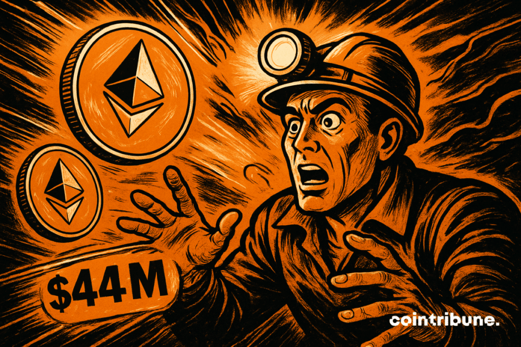 A panicked miner reaches toward several glowing Ethereum tokens, one showing “44M,” in an orange-and-black comic style.