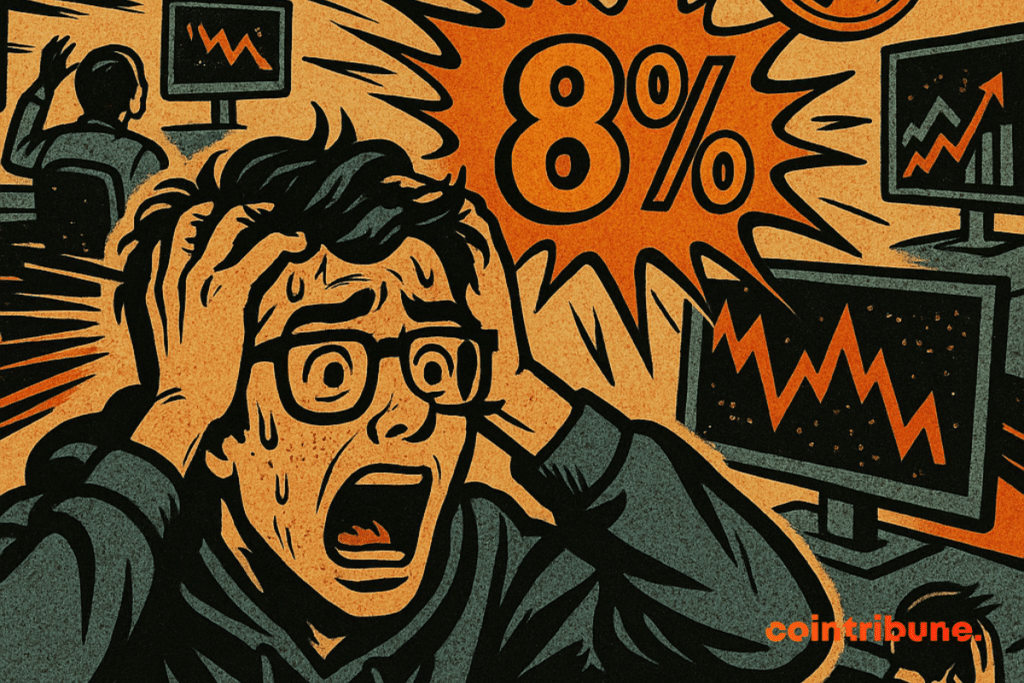 A panicked trader observes explosive screens displaying 8%, symbolizing the extreme volatility of Bitcoin.