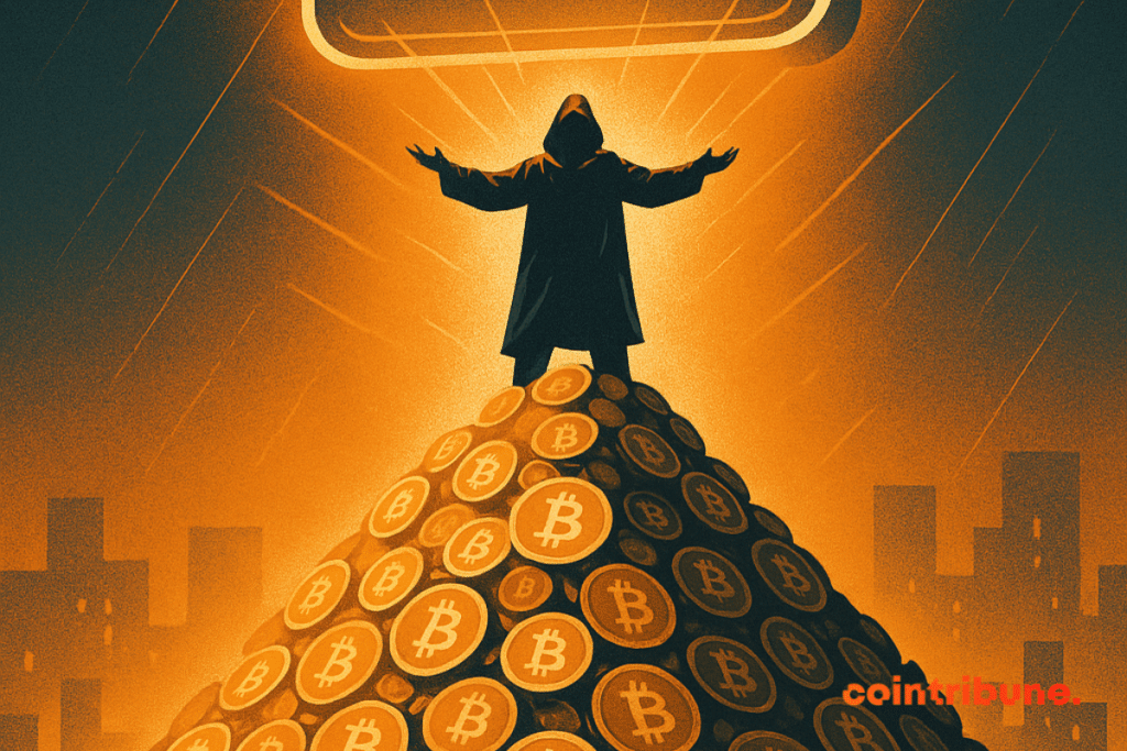 Hooded figure dominating a mountain of Bitcoins, under a digital wallet displaying 453,000 BTC, dramatic atmosphere.