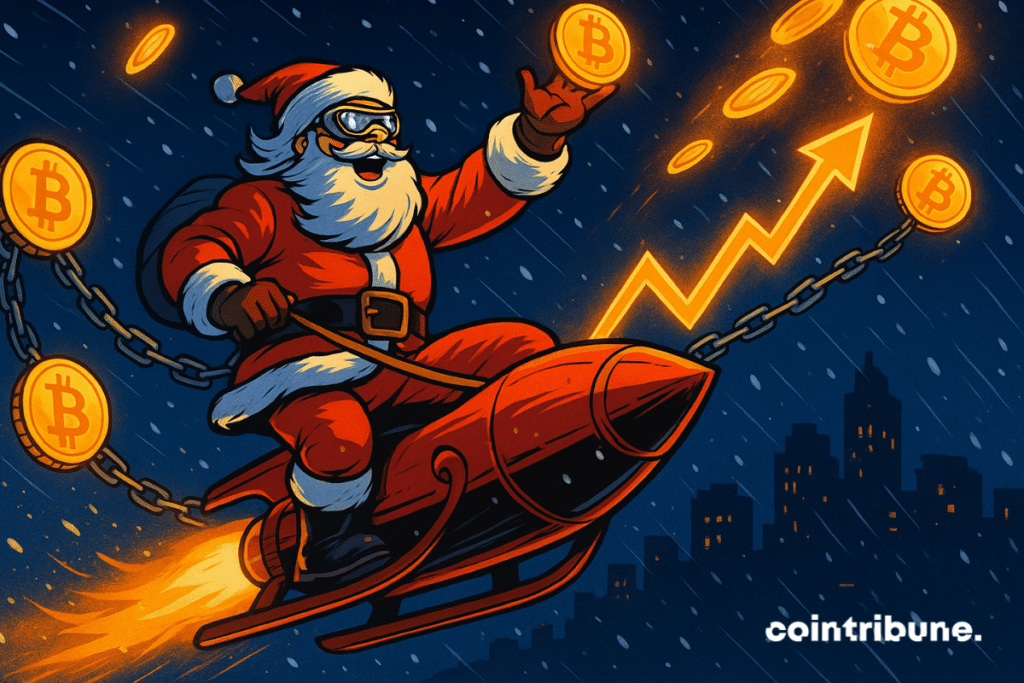 Santa, aboard a Bitcoin-powered rocket sleigh, launches coins into the sky above a city.