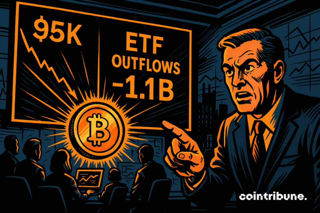 A worried CFO points to a glowing dashboard showing Bitcoin at $95,000 and ETF outflows at -1.1 billion, while analysts watch the situation in a tense control room.