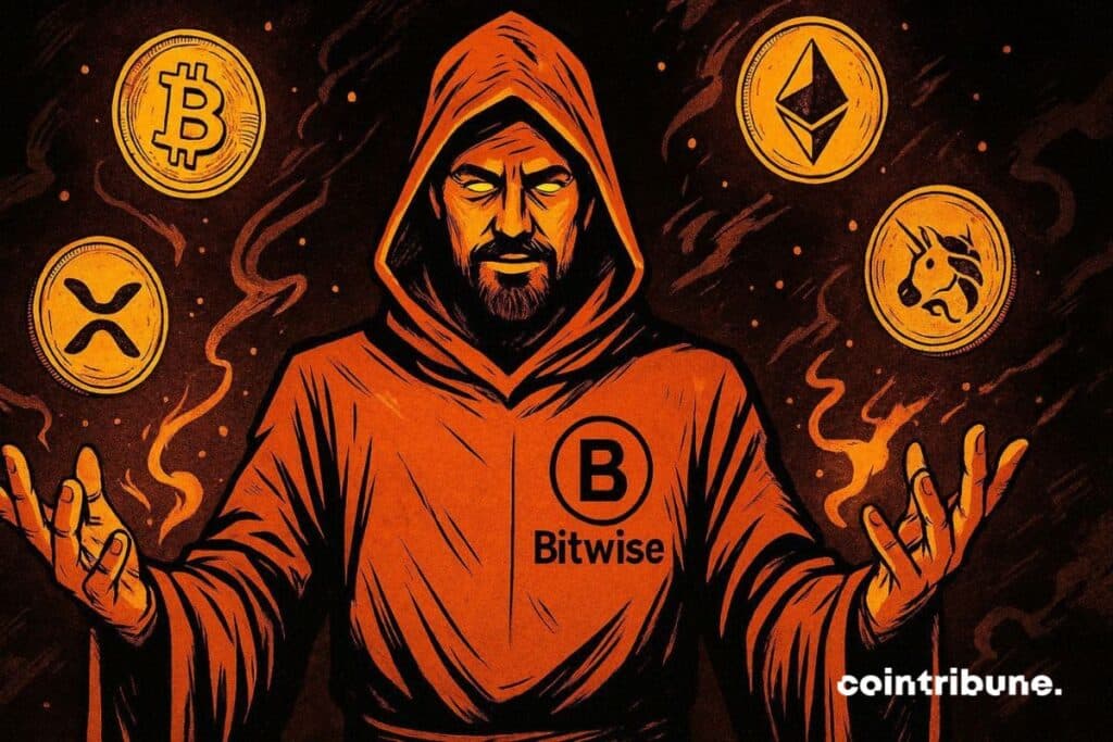 A Bitwise manager with bitcoin, ethereum, xrp and UNI floating above him.