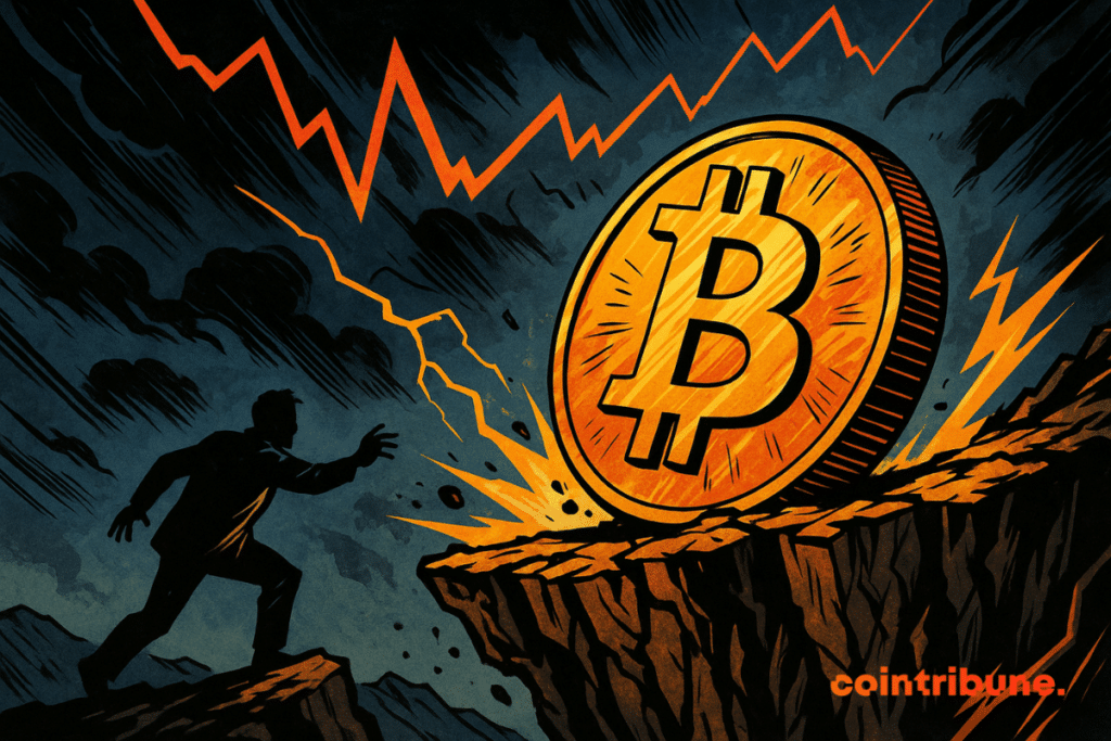 A gigantic golden Bitcoin teeters on the edge of a cracked cliff as a figure reaches out toward it under a stormy sky streaked with jagged orange market lines.