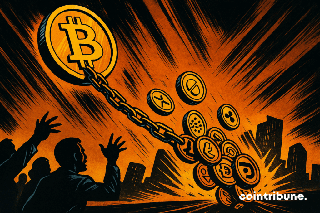 A giant Bitcoin chained to smaller cryptocurrencies drags them down, while silhouettes watch in a dramatic scene lit by orange light.