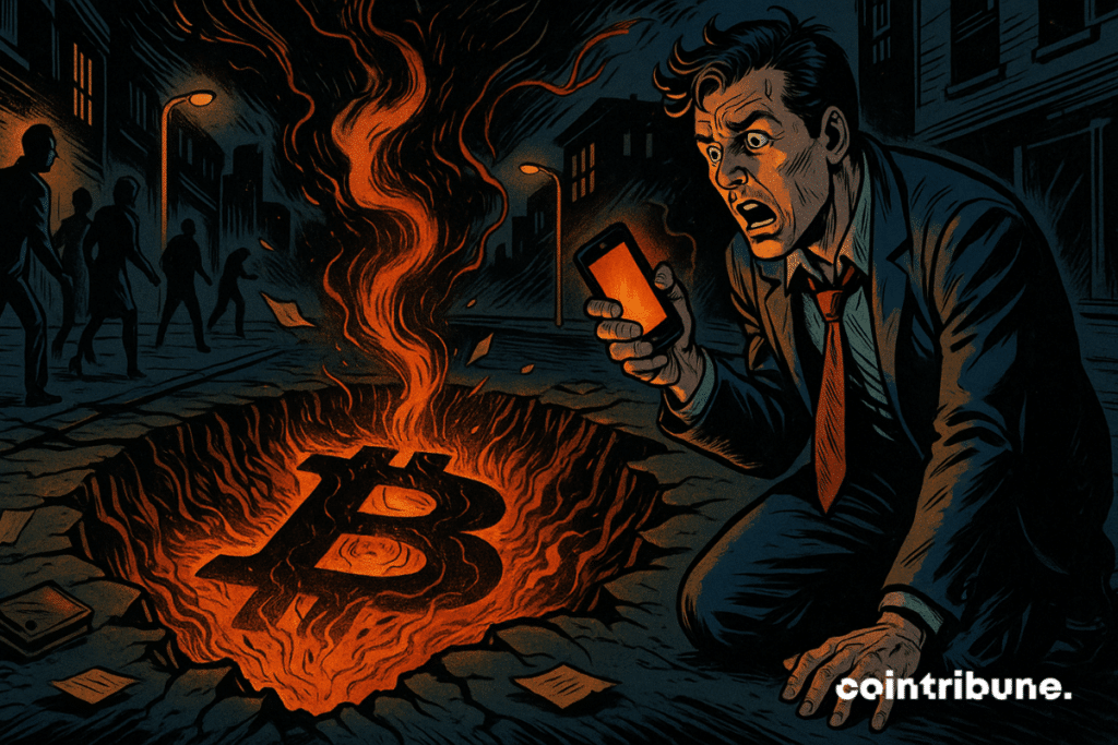 A trader kneeling on the edge of an abyss that has opened up in the street. He observes the Bitcoin logo on fire in the crater.