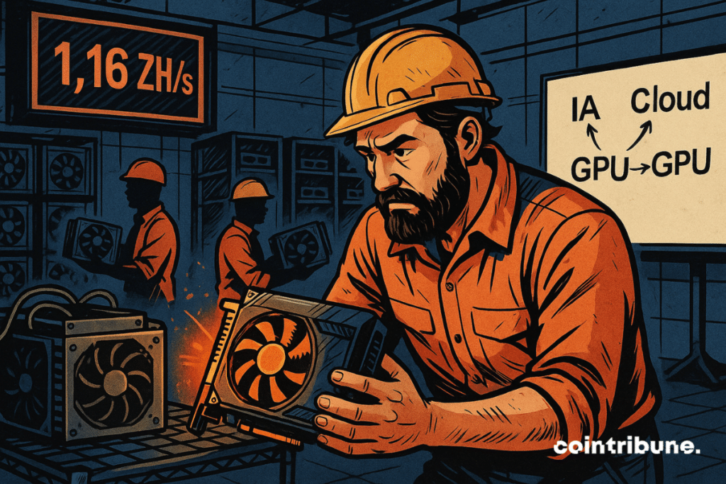 A worried miner examines a shiny GPU, surrounded by colleagues in action, under a red screen and a strategy board.