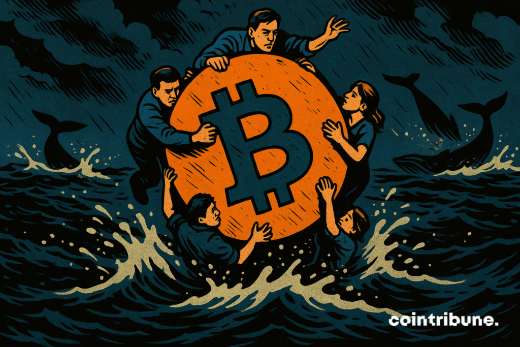 Small investors are suspended from a huge Bitcoin logo floating like a buoy. Silhouettes of gigantic whales dive in the distance.