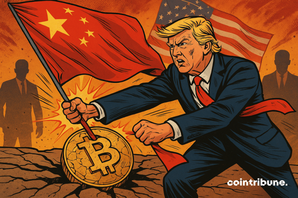 Trump furiously tears off a Chinese flag planted in a giant Bitcoin, against a backdrop of geopolitical tension and threatening silhouettes.