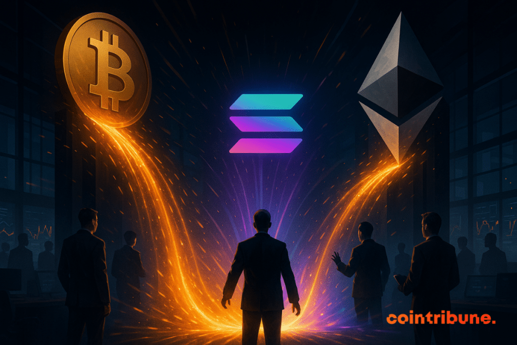 One scene shows glowing energy flows flowing from the Bitcoin and Ethereum symbols toward a beaming Solana logo, as costumed figures look on, in a dark, futuristic trading floor.
