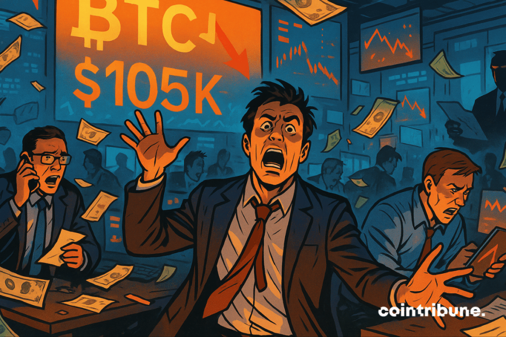 Caricatured scene showing panicked traders reacting to Bitcoin's stagnation below $105,000 in the trading room.