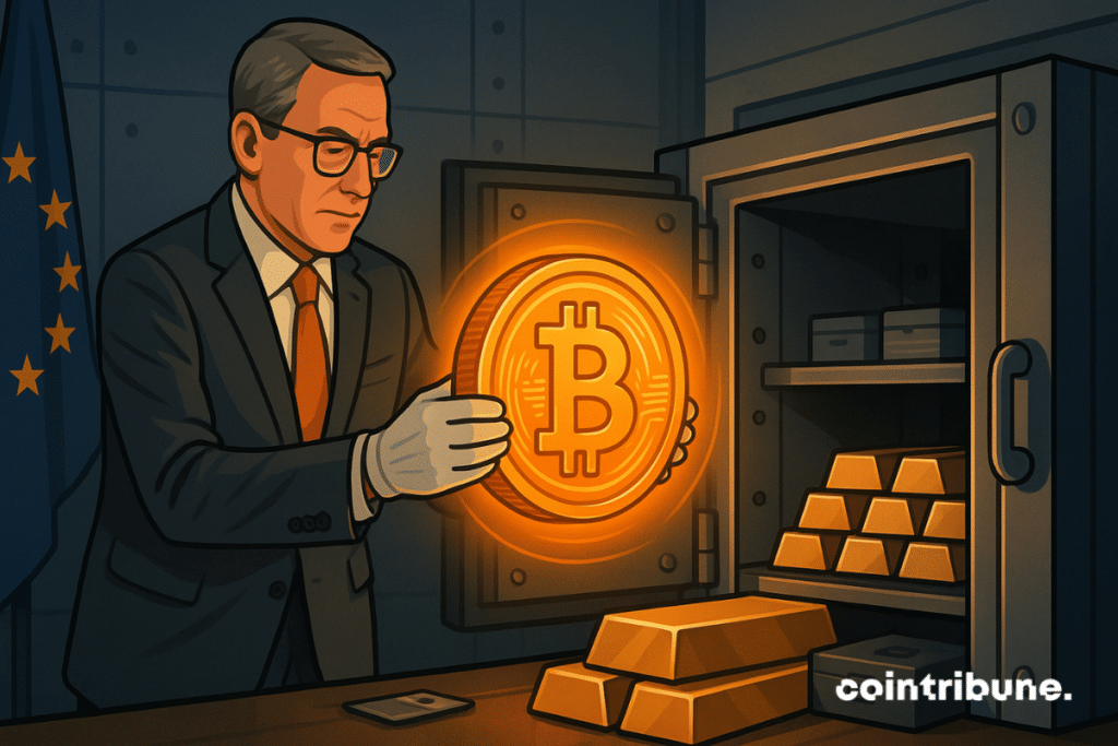 A senior official at the Czech National Bank is placing a giant golden Bitcoin into a safe.