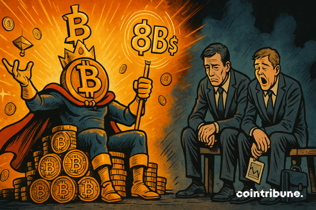 A personification of Bitcoin as a triumphant king. He sits on a monumental throne made of stacked coins, with a design inspired by circuit boards. He wears a flowing cape, a crown in the shape of a stylized B, and holds a digital scepter at the top of which floats a luminous “$8B”, which symbolizes the injection of massive flows despite the slowdown in ETFs.