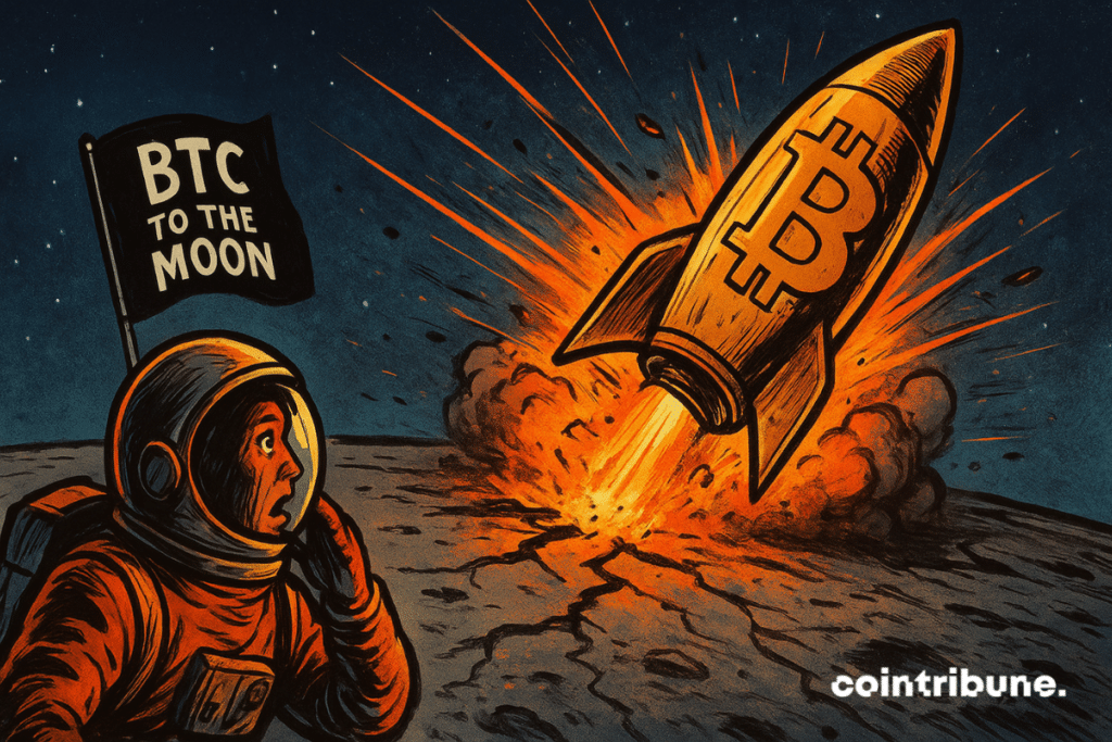 A stunned astronaut contemplates the Bitcoin rocket in flames crashing on the Moon, symbol of the shattered bullish dream.