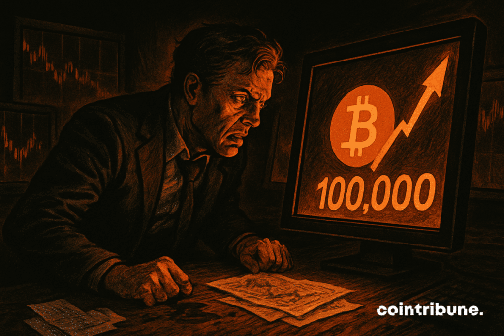 A worried trader leans toward a bright screen displaying the Bitcoin logo and an upward arrow, his face illuminated by orange light in a dark, tense office.