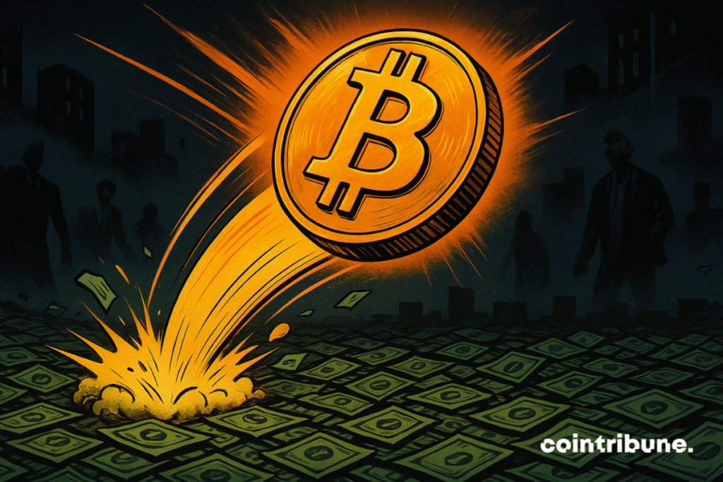 Bitcoin coin bounces off a floor covered in dollars.