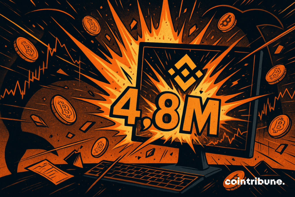An orange explosion bursts from a Binance screen, projecting bitcoins and the number 4.8M, while a whale appears behind it.