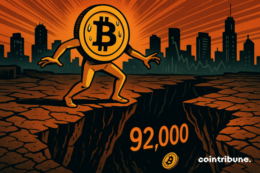Bitcoin personified is sweating on the edge of a fault, ready to fall. Down, "92,000" shines in a menacing abyss.