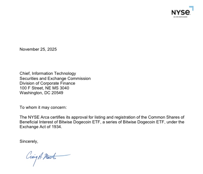 On November 25, 2025, the New York Stock Exchange (NYSE) Arca certified Bitwise's Dogecoin ETF, a critical regulatory milestone for its launch.